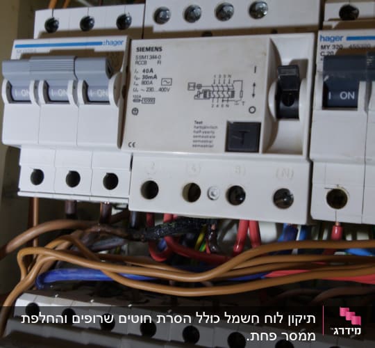 לוח חשמל עם מפסקים וחוטי חשמל צבעוניים